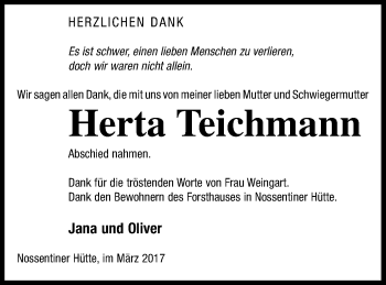 Traueranzeige von Herta Teichmann von Müritz-Zeitung