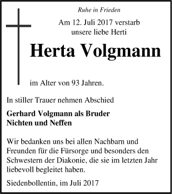 Traueranzeige von Herta Volgmann von Neubrandenburger Zeitung