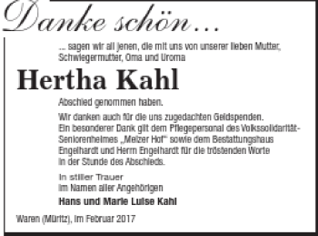 Traueranzeige von Hertha Kahl von Müritz-Zeitung