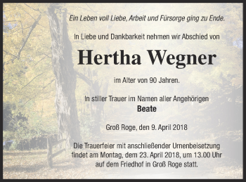 Traueranzeige von Hertha Wegner von Mecklenburger Schweiz