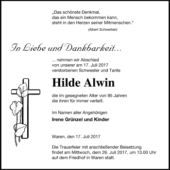 Traueranzeige von Hilde Alwin von Müritz-Zeitung
