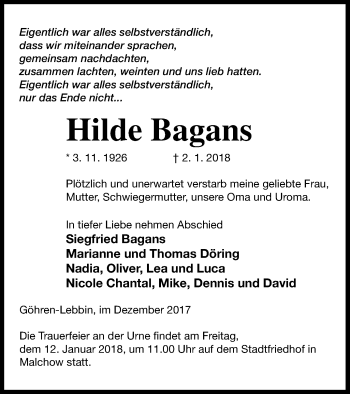 Traueranzeige von Hilde Bagans von Müritz-Zeitung