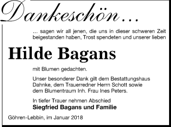 Traueranzeige von Hilde Bagans von Müritz-Zeitung