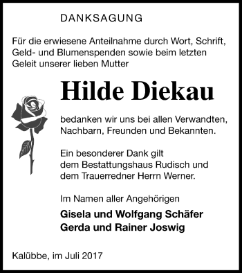 Traueranzeige von Hilde Diekau von Neubrandenburger Zeitung