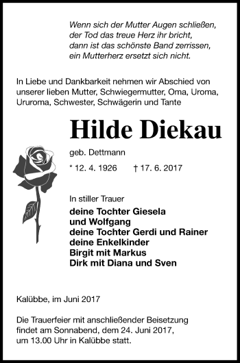 Traueranzeige von Hilde Diekau von Neubrandenburger Zeitung