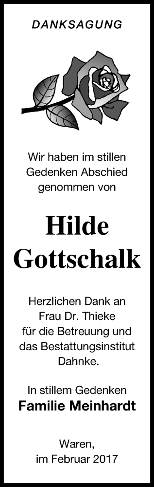 Traueranzeige von Hilde Gottschalk von Müritz-Zeitung