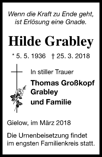 Traueranzeige von Hilde Grabley von Demminer Zeitung