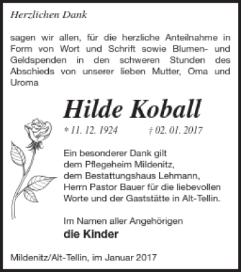 Traueranzeige von Hilde Koball von Vorpommern Kurier