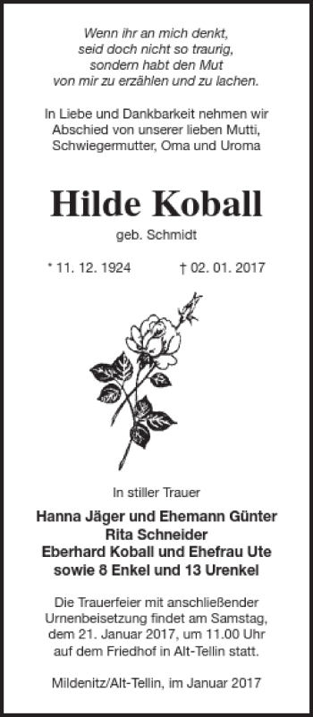 Traueranzeige von Hilde Koball von Vorpommern Kurier