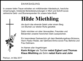 Traueranzeige von Hilde Miethling von Pasewalker Zeitung