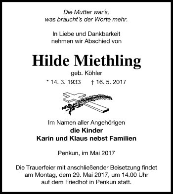 Traueranzeige von Hilde Miethling von Pasewalker Zeitung