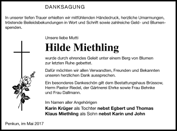 Traueranzeige von Hilde Miethling von Pasewalker Zeitung