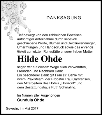 Traueranzeige von Hilde Ohde von Neubrandenburger Zeitung