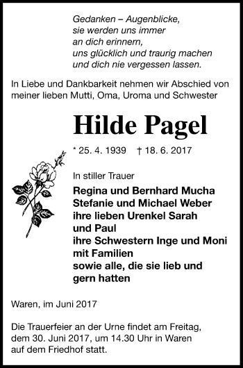 Traueranzeige von Hilde Pagel von Müritz-Zeitung
