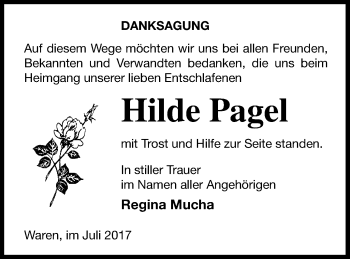 Traueranzeige von Hilde Pagel von Müritz-Zeitung