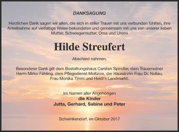 Traueranzeige von Hilde Streufert von Mecklenburger Schweiz