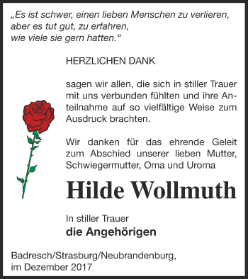 Traueranzeige von Hilde Wollmuth von Strelitzer Zeitung