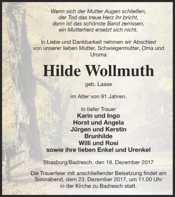 Traueranzeige von Hilde Wollmuth von Pasewalker Zeitung