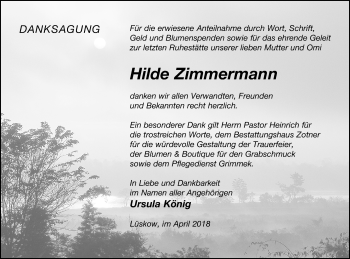 Traueranzeige von Hilde Zimmermann von Vorpommern Kurier