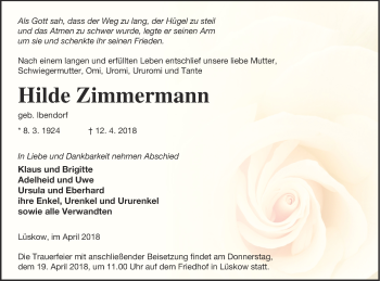 Traueranzeige von Hilde Zimmermann von Vorpommern Kurier