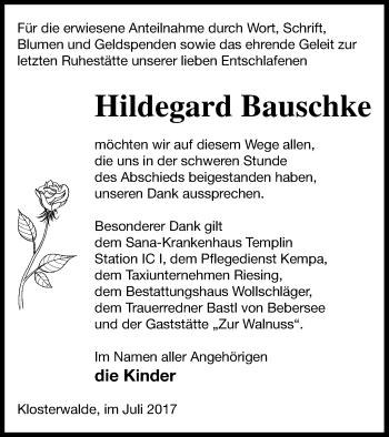 Traueranzeige von Hildegard Bauschke von Templiner Zeitung