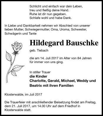 Traueranzeige von Hildegard Bauschke von Templiner Zeitung