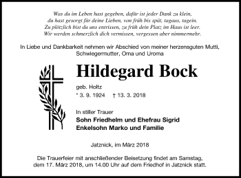 Traueranzeige von Hildegard Bock von Pasewalker Zeitung