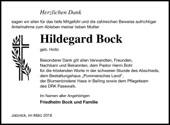 Traueranzeige von Hildegard Bock von Pasewalker Zeitung