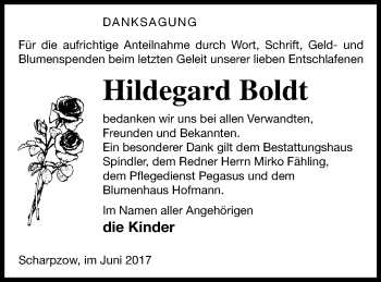 Traueranzeige von Hildegard Boldt von Mecklenburger Schweiz