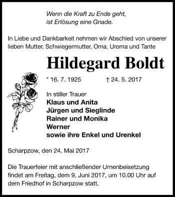 Traueranzeige von Hildegard Boldt von Mecklenburger Schweiz