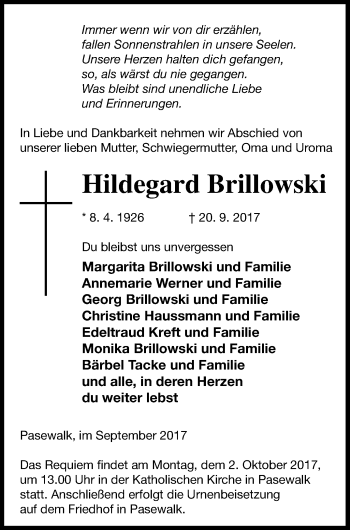 Traueranzeige von Hildegard Brillowski von Pasewalker Zeitung