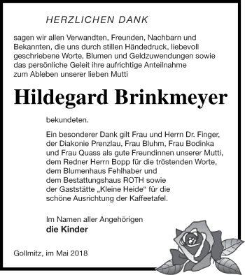 Traueranzeige von Hildegard Brinkmeyer von Prenzlauer Zeitung