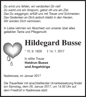 Traueranzeige von Hildegard Busse von Pasewalker Zeitung