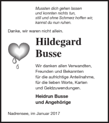 Traueranzeige von Hildegard Busse von Pasewalker Zeitung