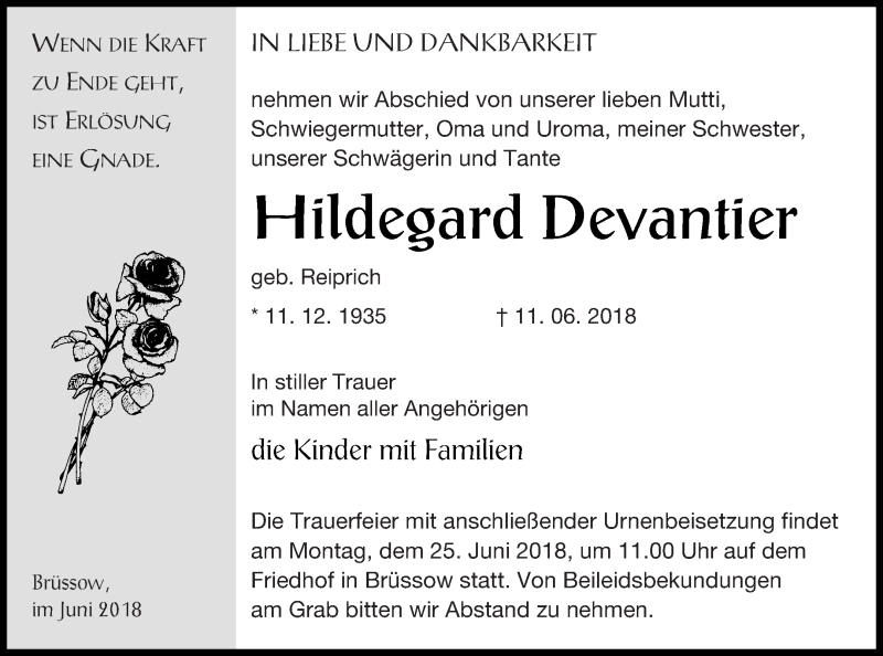  Traueranzeige für Hildegard Devantier vom 15.06.2018 aus Prenzlauer Zeitung