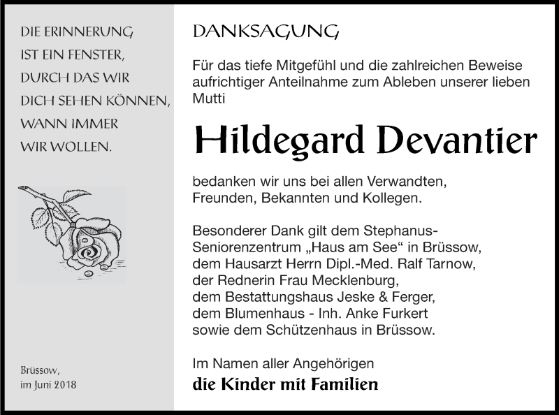  Traueranzeige für Hildegard Devantier vom 29.06.2018 aus Prenzlauer Zeitung
