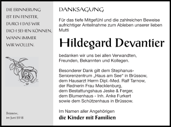 Traueranzeige von Hildegard Devantier von Prenzlauer Zeitung