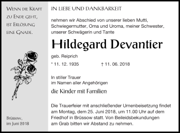 Traueranzeige von Hildegard Devantier von Prenzlauer Zeitung