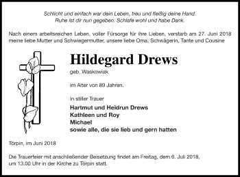 Traueranzeige von Hildegard Drews von Demminer Zeitung