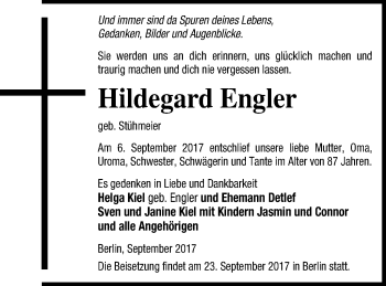 Traueranzeige von Hildegard Engler von Vorpommern Kurier