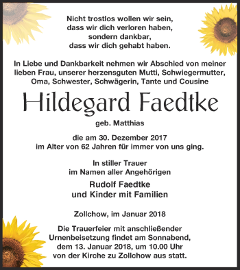 Traueranzeige von Hildegard Faedtke von Pasewalker Zeitung