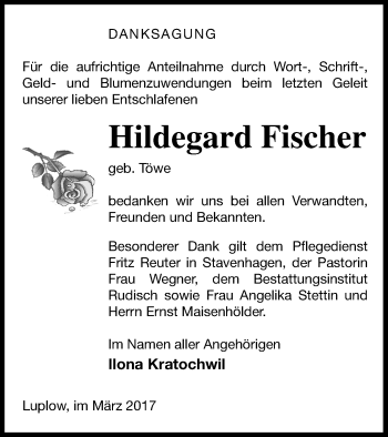 Traueranzeige von Hildegard Fischer von Neubrandenburger Zeitung