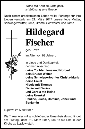 Traueranzeige von Hildegard Fischer von Neubrandenburger Zeitung