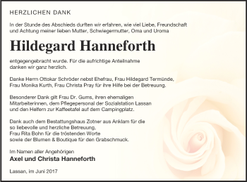 Traueranzeige von Hildegard Hanneforth von Vorpommern Kurier