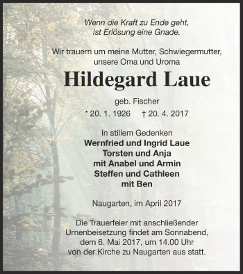 Traueranzeige von Hildegard Laue von Prenzlauer Zeitung