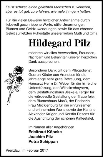 Traueranzeige von Hildegard Pilz von Prenzlauer Zeitung