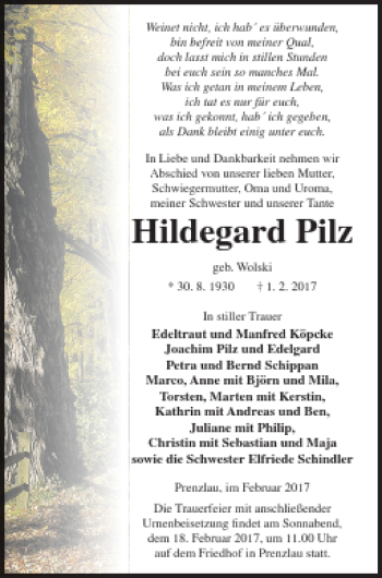 Traueranzeige von Hildegard Pilz von Prenzlauer Zeitung