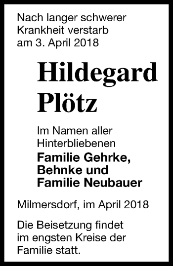 Traueranzeige von Hildegard Plötz von Templiner Zeitung