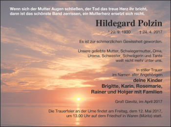 Traueranzeige von Hildegard Polzin von Müritz-Zeitung