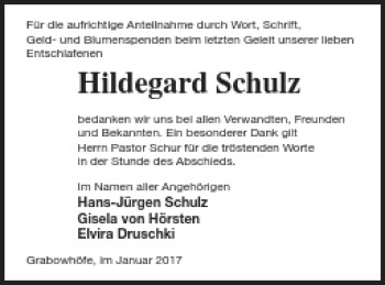 Traueranzeige von Hildegard Schulz von Müritz-Zeitung